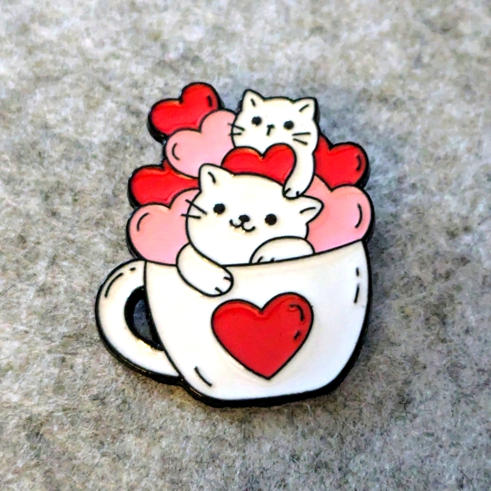 Mug of Cats Valentines Pin - Cup of Kitties Enamel Lapel Brooch